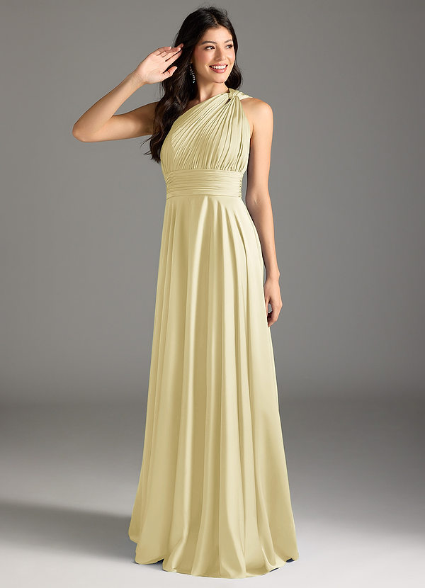 Azazie Charlize Bridesmaid Dresses Lemon Sorbet A-Line One Shoulder Stretch Satin Dress image1