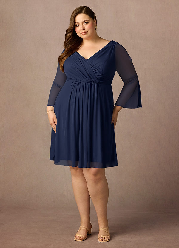 Azazie Teraso 신부의 어머니 드레스 A라인 망사 무릎 길이 드레스 image1