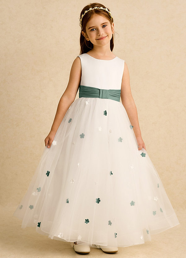 Azazie Cricket Flower Girl Dresses Ivory Eucalyptus Ball-Gown Pleated Matte Satin Dress image1