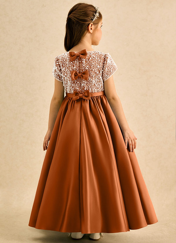 Azazie Cashew Flower Girl Dresses Copper Ball-Gown with Sleeves Matte Satin Dress image1