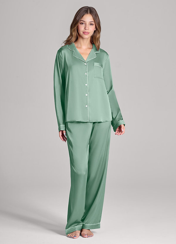 front Matcha Long Sleeves and Pants Satin PJ Set