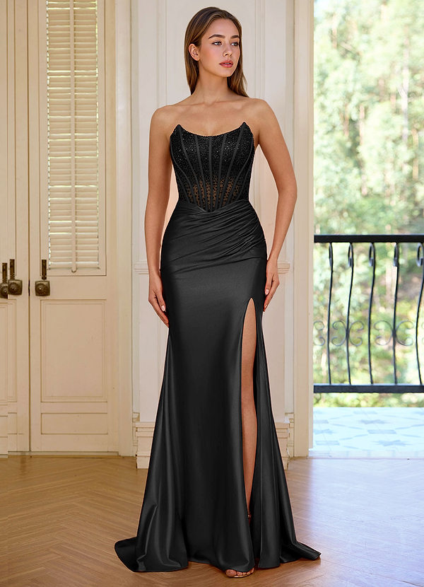 Valeria Negro Vestido de fiesta de satén sirena sin tirantes con corsé y pedrería image1