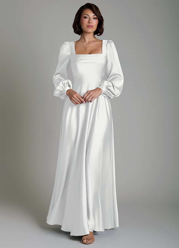 Azazie Solana Bridesmaid Dresses White A-Line Long Sleeve Stretch Satin Dress image1