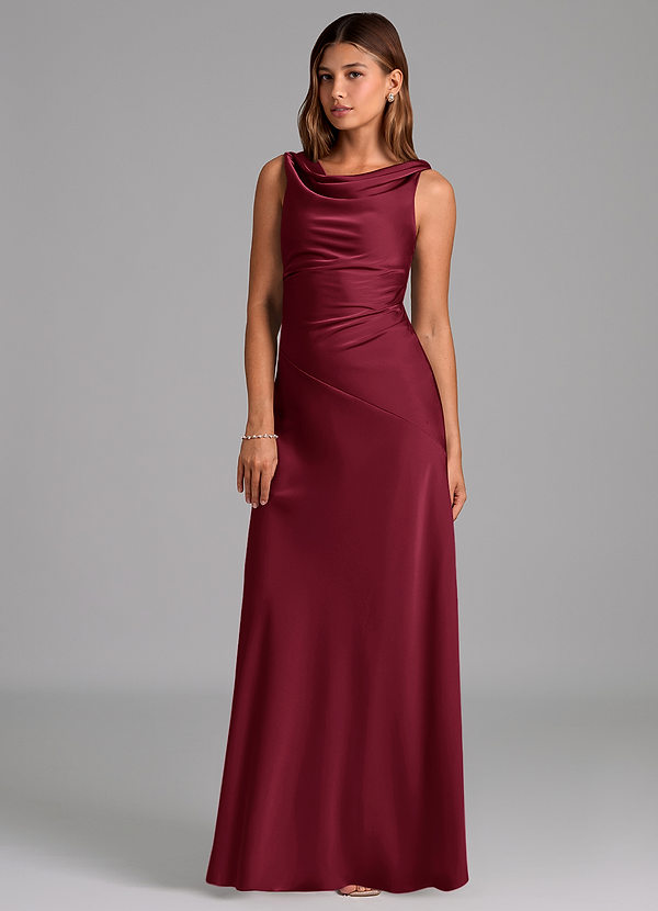 Nerine Bridesmaid Dresses Burgundy A-Line Pleated Stretch Satin Dress image1