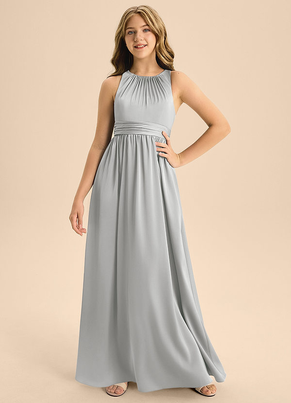 Azazie Jaylah Junior Vestido de Plata de Satén Elástico de Corte En A con Plisado image1