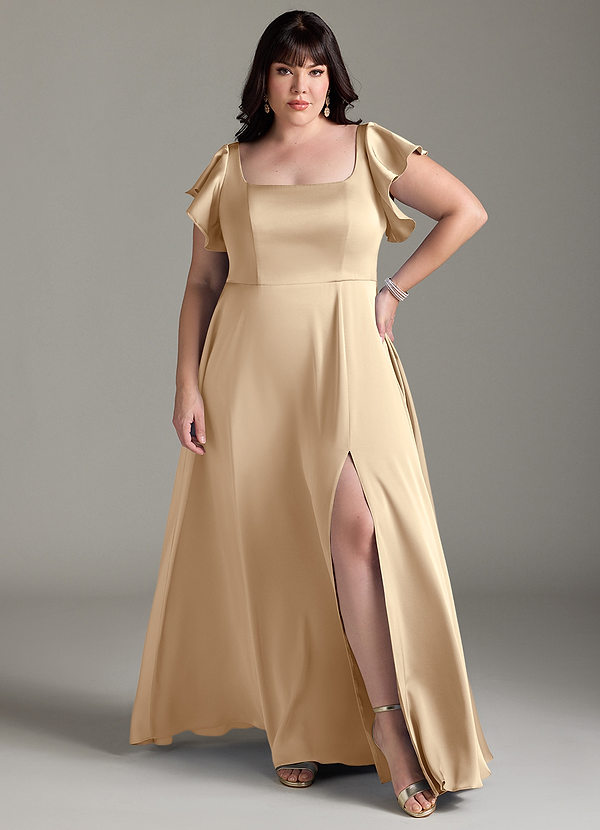 Azazie Bondi Bridesmaid Dresses Champagne A-Line Bow Stretch Satin Dress image1