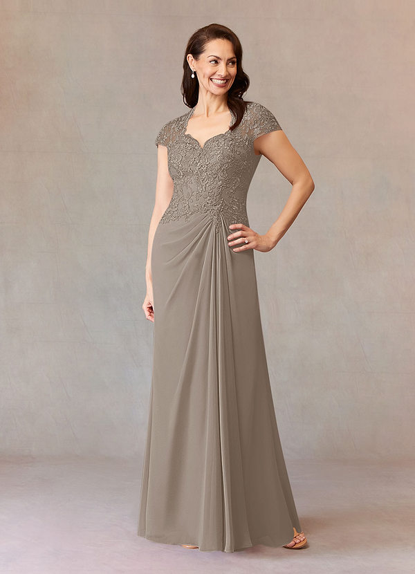 Azazie Junie Robe Mère de la Mariée & du Marié Robe Trapèze en Mousseline de soie Dentelle Taupe image1