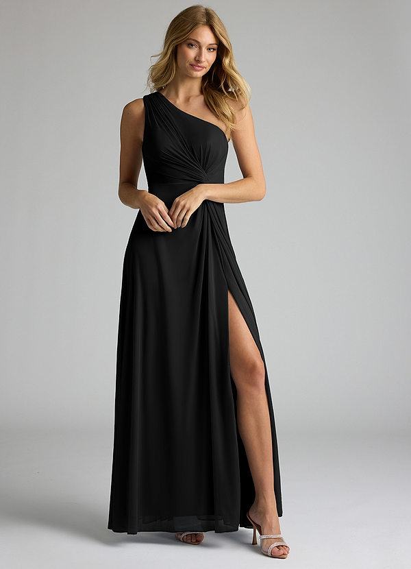 Azazie Brooke Bridesmaid Dresses Black A-Line One Shoulder Mesh Dress image1