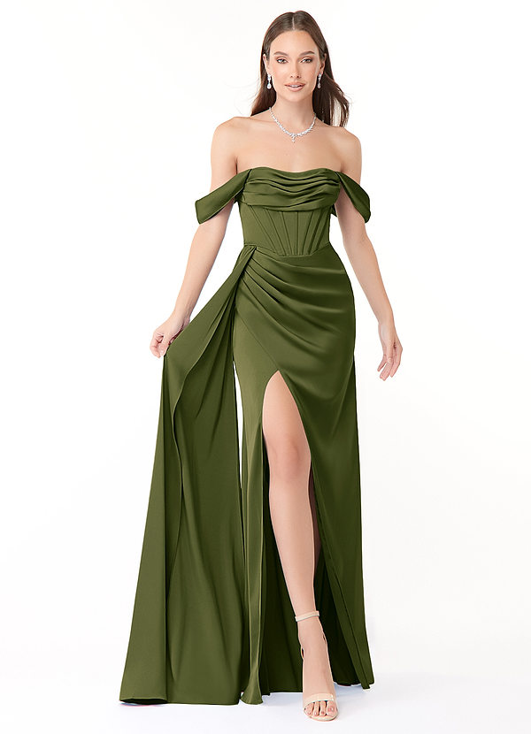 Amyra Bridesmaid Dresses Bright Olive Mermaid Off the Shoulder Stretch Satin Convertible Dress image1