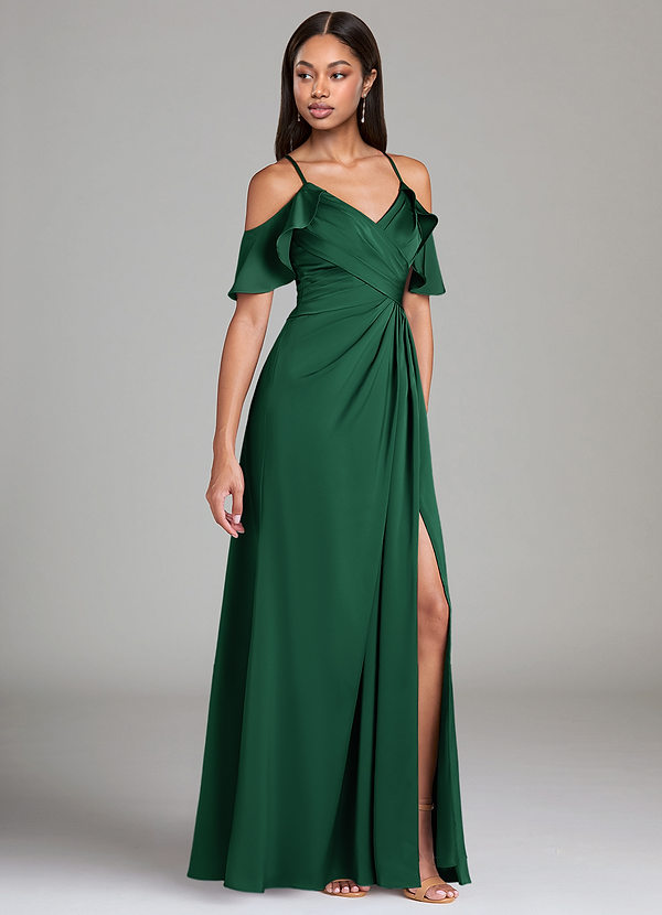 Azazie Dakota Bridesmaid Dresses Dark Green A-Line Off the Shoulder Stretch Satin Dress image1