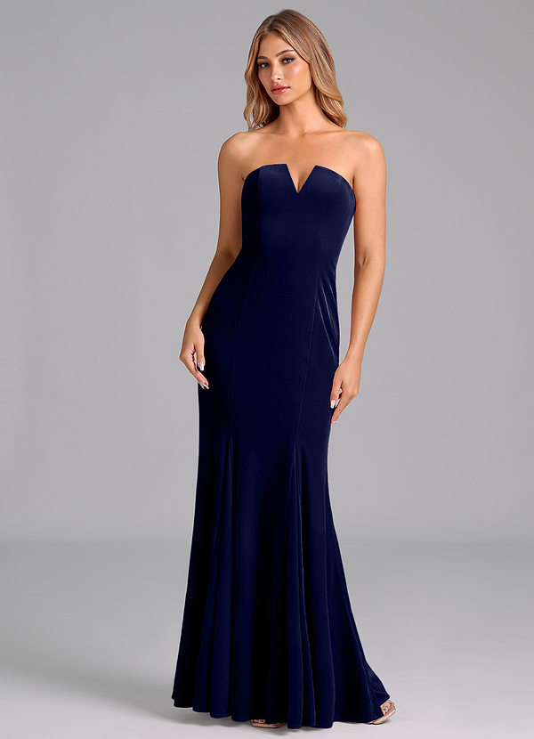 Azazie Yinnie Robes Demoiselle d'honneur Robe Sirène Convertible en velours Sans bretelle Bleu Marine Foncé image1