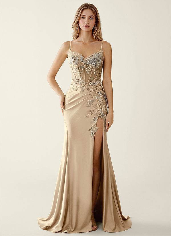 Manuelly Champagner Ballkleid aus Satin/Spitze mit 3D-Blumenmuster image1