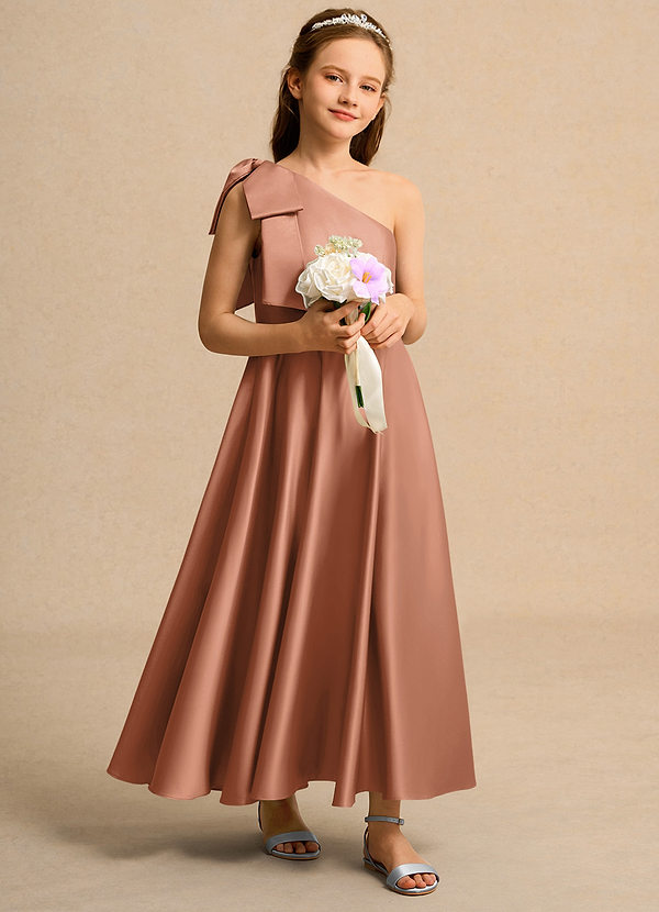 Azazie Guppy Junior Formal Klänningar för brudeflicka Klä A-Line i Matt satäng Ena axeln image1