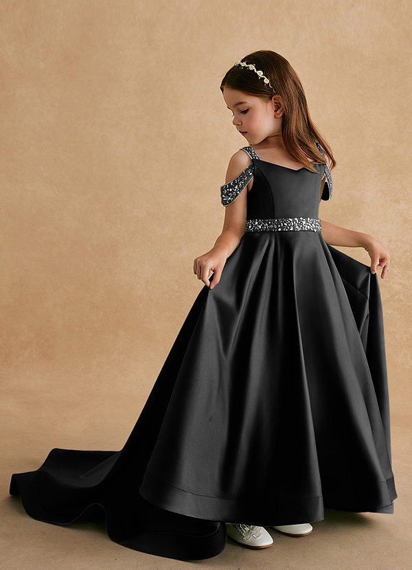 Azazie Jodi Vestidos de Niña de Flores Vestido de Negro de Satin Mate de Corte En A image1