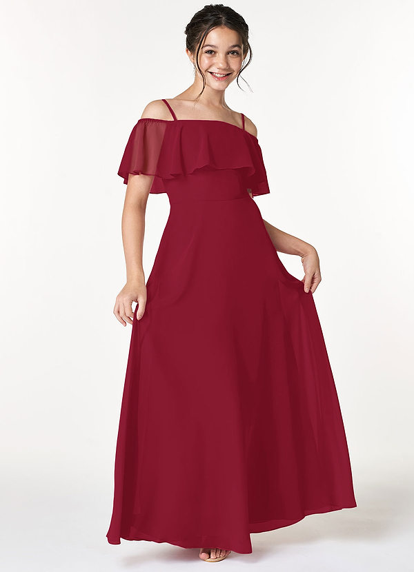 Azazie Maggie Junior Burgundy A-Line Off the Shoulder Chiffon Dress image1