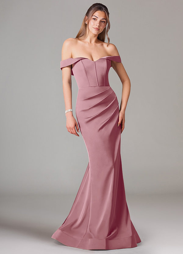 Azazie Everly Bridesmaid Dresses Vintage Mauve Mermaid Off the Shoulder Stretch Satin Convertible Dress image1