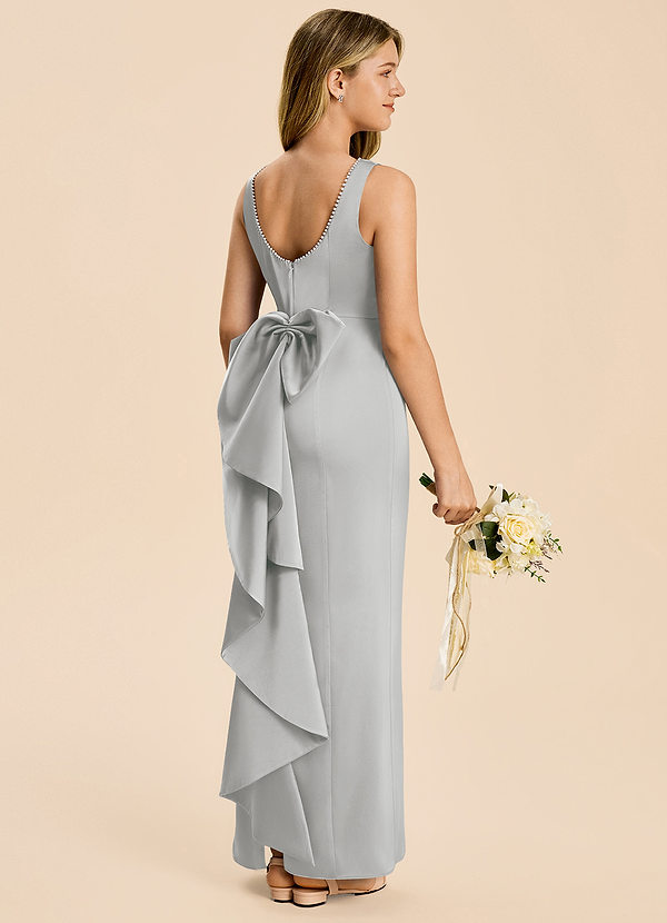 Azazie Emi Junior Silver Sheath Bow Stretch Satin Dress image1