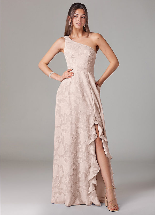 Azazie Ellianna Bridesmaid Dresses Blushing Pink A-Line One Shoulder Floral Burnout Dress image1