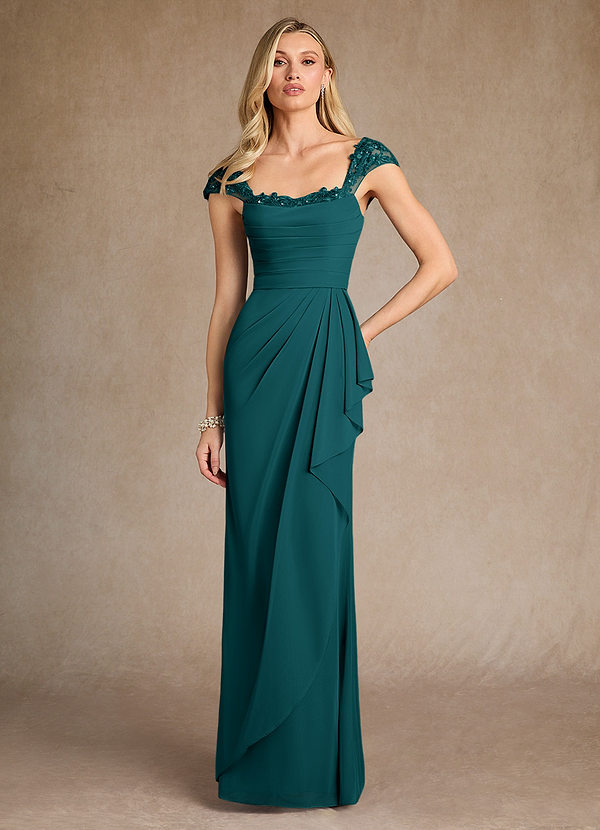 Azazie Belfast Mother of the Brides Dresses Peacock Sheath Lace Mesh Dress image1