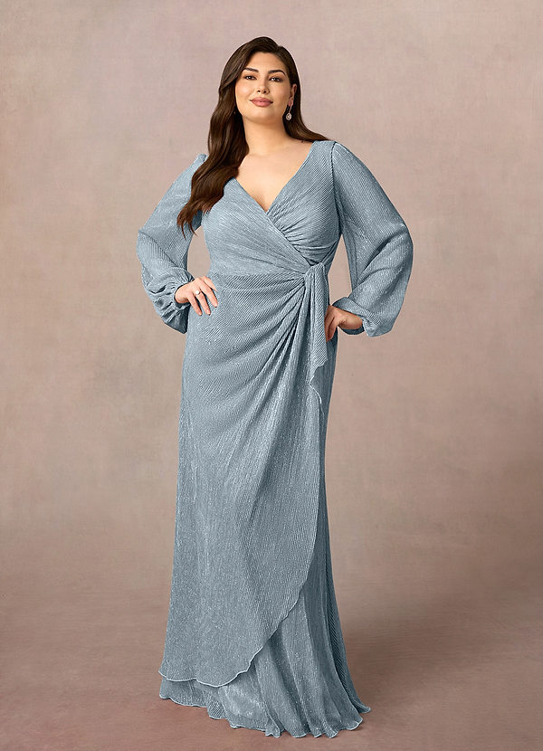 Azazie Sterling Mother of the Brides Dresses Dusty Blue A-Line Ruched Metallic Mesh Dress image1