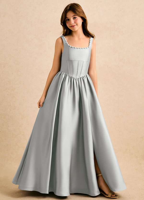 Azazie Enid Girls Formal Blomsterpigekjoler A-Line Perlebesat Stræk satin Gulv-længde Kjole image1