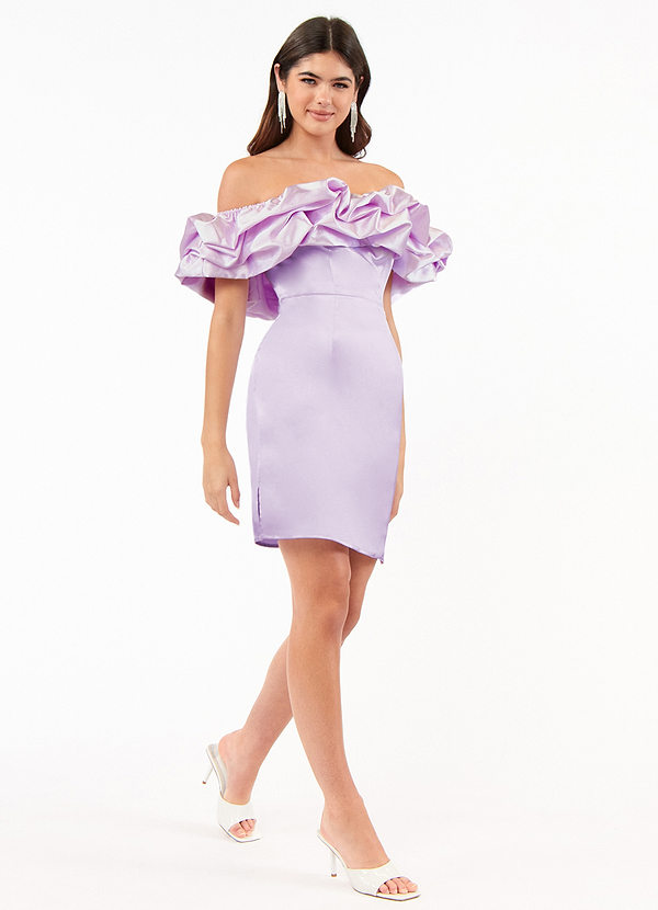 back After Party Lavender Ruffle Off-The-Shoulder Satin Mini Dress