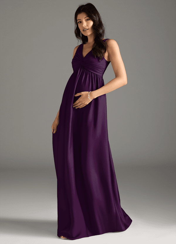Azazie Yetta Gravid brudtärna Klänningar Klänning A-Line Plisserad Golvlängd Stretch Satin image1