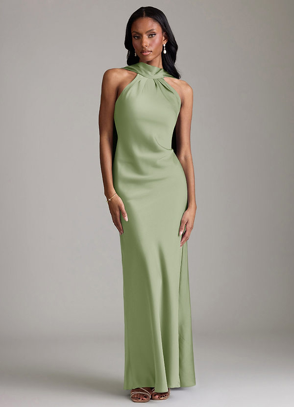 Azazie Cassiana Bruidsmeisjes Jurken Jurk van Stretch Satijn met Zeemeermin Geplooid Stoffige Salie image1