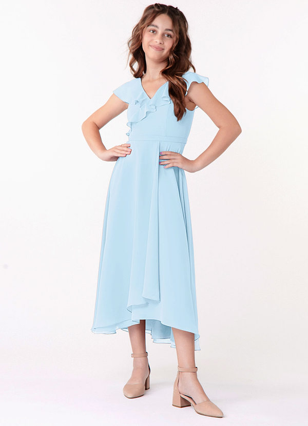 Azazie Posie A-Line Ruched Chiffon Tea-Length Junior Bridesmaid Dress image1