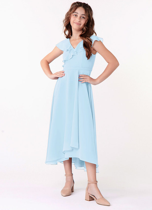 Azazie Posie Junior Sky Blue A-Line Ruched Chiffon Dress image1