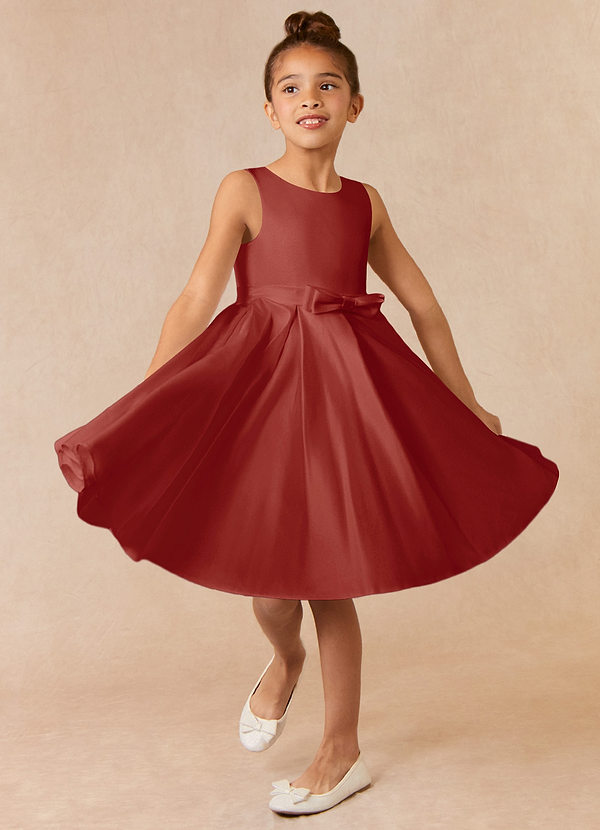 Off-the-shoulder Satin Long Flower Girl Dress with Bow Terracotta