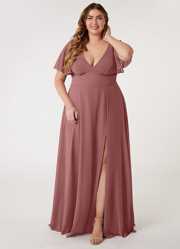 Azazie Kimber Robes Demoiselle d'honneur Robe Trapèze en Mousseline de soie Manches à volants Rose Du Désert image1