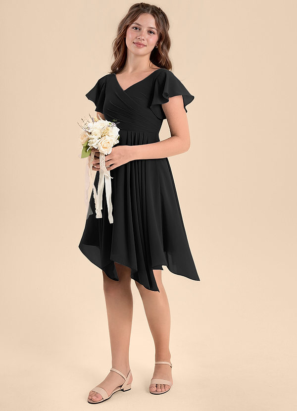 Azazie Janeaurelia Junior Abito A-Line in Chiffon Plissettato Nero image1