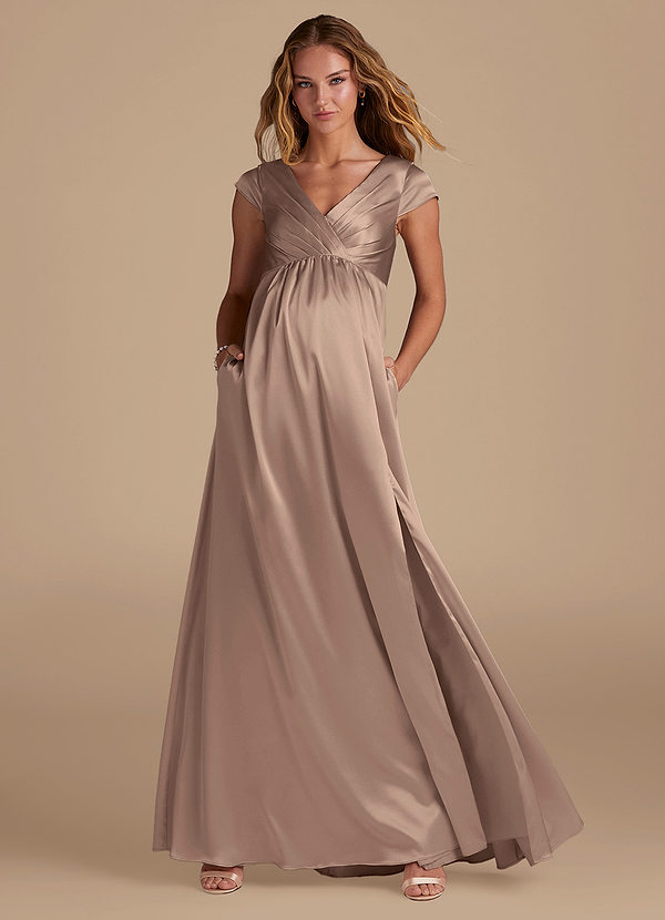 Azazie Allessia Maternity Bridesmaid Dresses A-Line Metallic Satin Floor-Length Dress image1