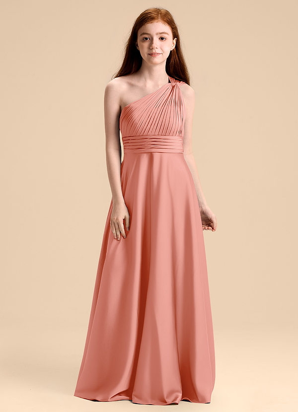 Azazie Charlize Junior Robe Trapèze en Satin extensible Plissée Corail image1