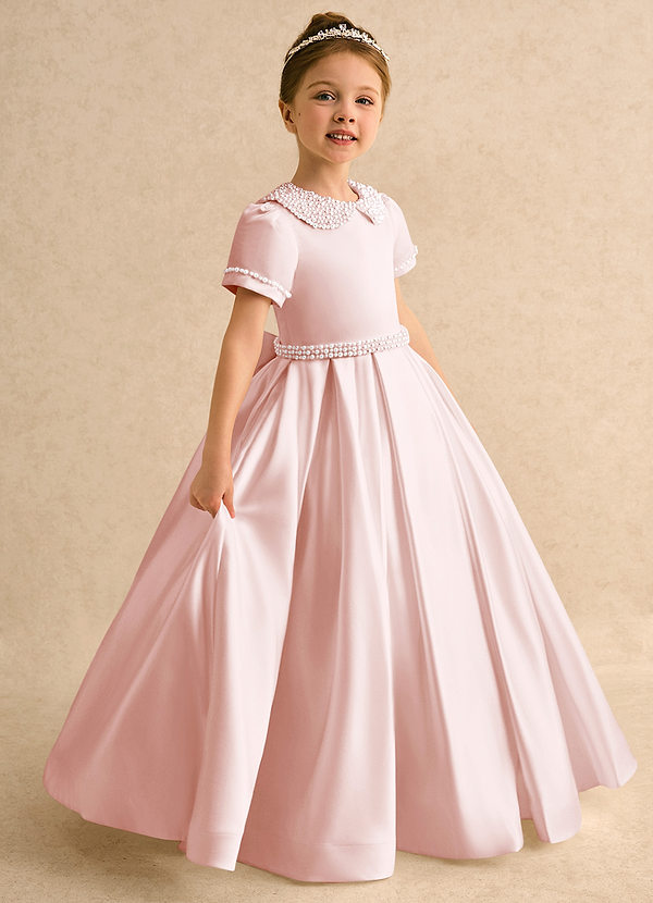 Azazie Gabriella Flower Girl Dresses Blushing Pink Ball-Gown with Sleeves Matte Satin Dress image1