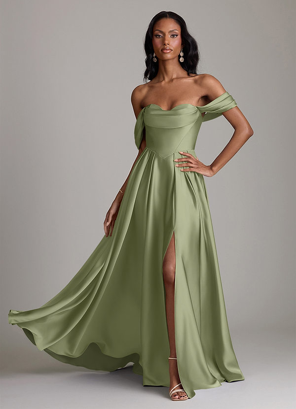 Loisa Bridesmaid Dresses Garden Sage A-Line Off the Shoulder Stretch Satin Dress image1