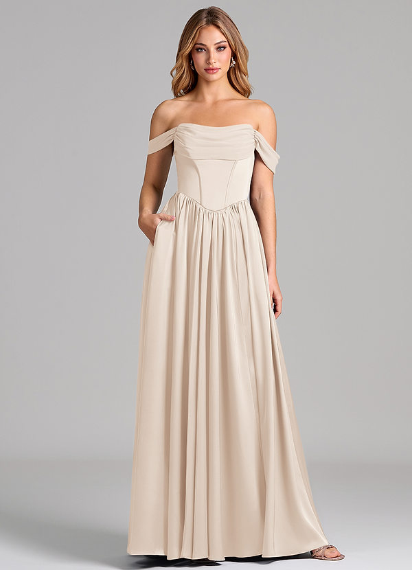 Azazie Raisa 신부 들러리 드레스 A라인 오프 더 숄더 스트레치 새틴 바닥 길이 드레스 image1