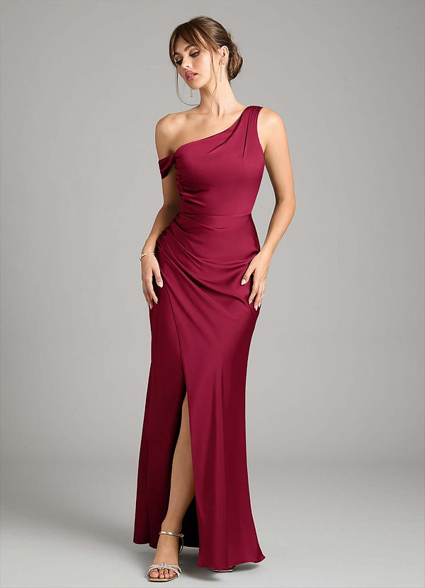Azazie Madelyn Bridesmaid Dresses Burgundy Mermaid One Shoulder Stretch Satin Convertible Dress image1