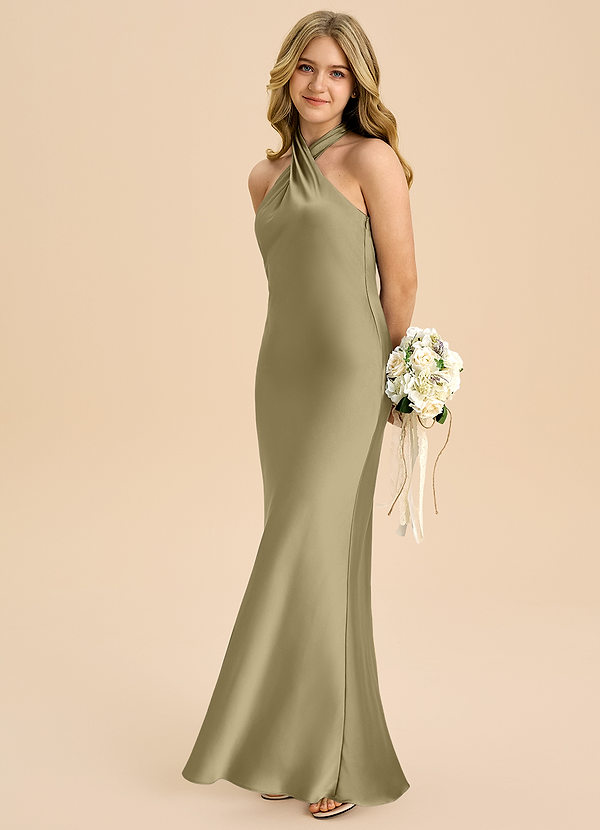 Azazie Chickie Junior Etui Plissee Stretch-Satin Kleid Moosgrün image1