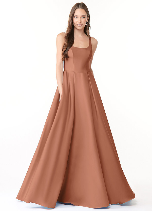 Azazie Neve Abiti da Damigella Abito Principessa in Raso Elasticizzato Con Tasche Bronzo image1