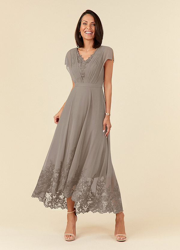 Azazie Palana Mother of the Brides Dresses Taupe A-Line Lace Chiffon Dress image1