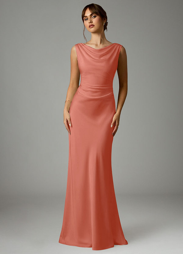 Azazie Kieryn Robes Demoiselle d'honneur Robe Sirène en Satin extensible Plissée Rose Saumon image1