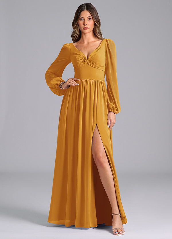 Azazie Zeya Bridesmaid Dresses Butterscotch A-Line Long Sleeve Chiffon Dress image1