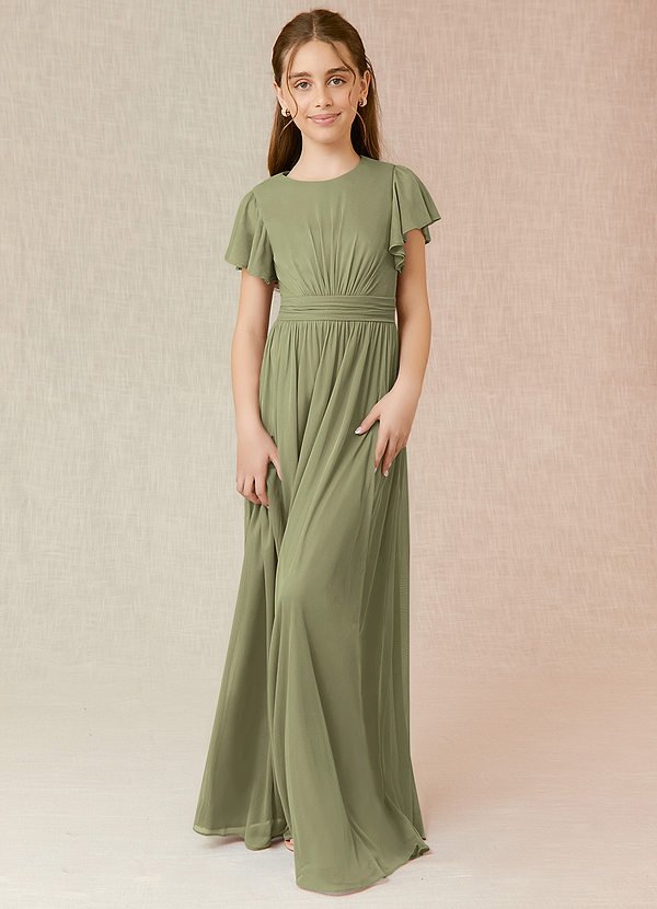 Azazie Mosley Junior Pistachio A-Line Ruched Mesh Dress image1