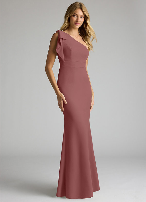 Azazie Rinna Bridesmaid Dresses Desert Rose Mermaid One Shoulder Stretch Crepe Dress image1