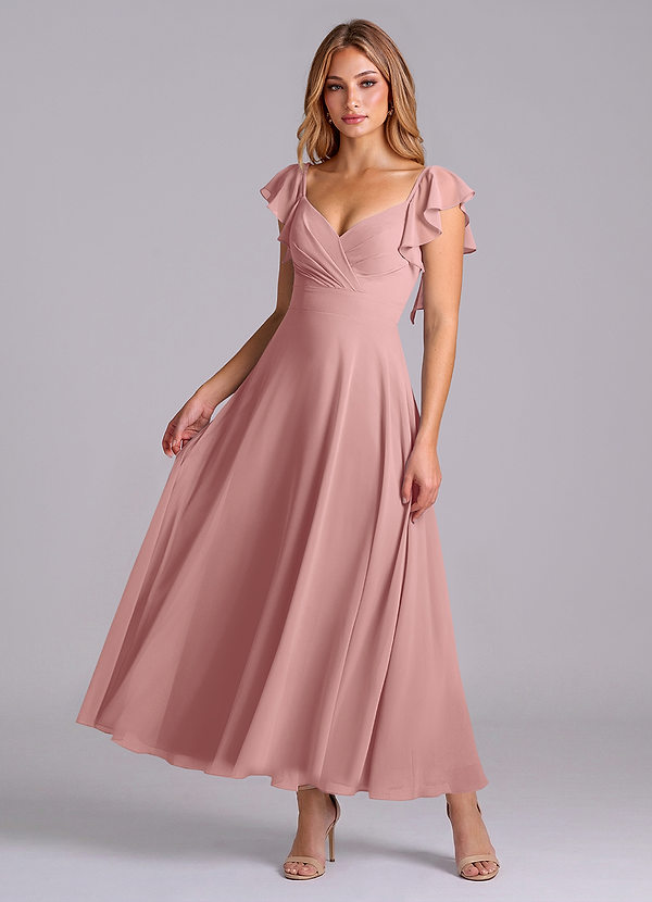 Azazie Leilani 신부 들러리 드레스 A라인 셔링 쉬폰 발목 길이 드레스 image1