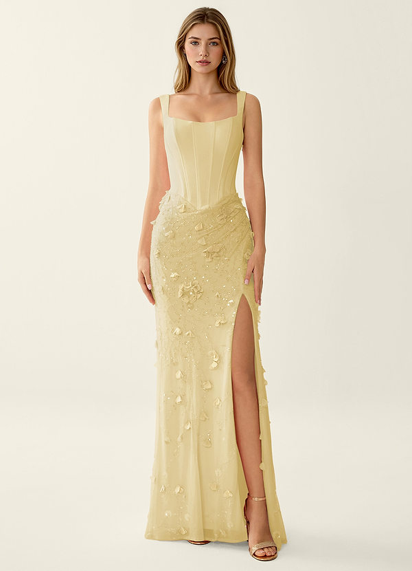 Belinda Gul 3D Blomster Korset Snøre Op Ryg Havfrue Gallakjole image1