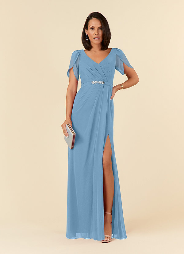 Azazie Marianne Mother of the Brides Dresses Steel Blue Sheath V-Neck Pleated Chiffon Dress image1
