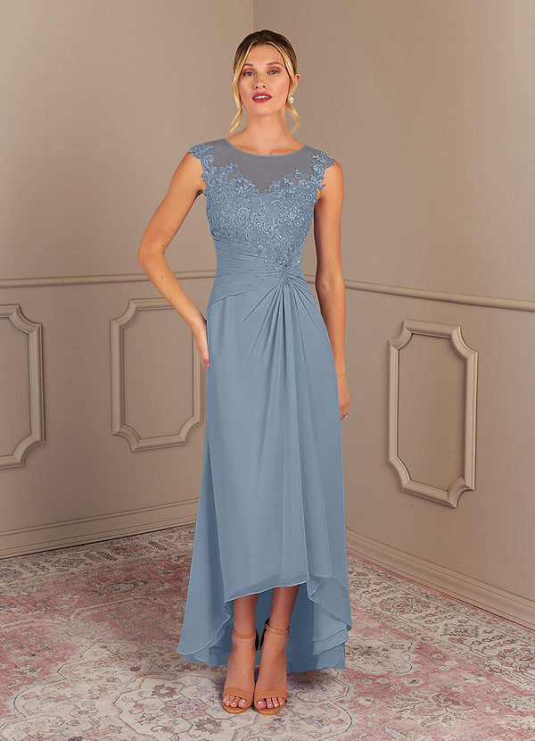 Azazie Endora Mother of the Bride Dresses Dusty Blue A-Line Scoop Lace Chiffon Dress image1